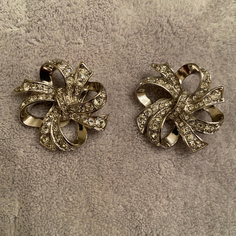 Silver Rhinestone Bow Clip Earrings